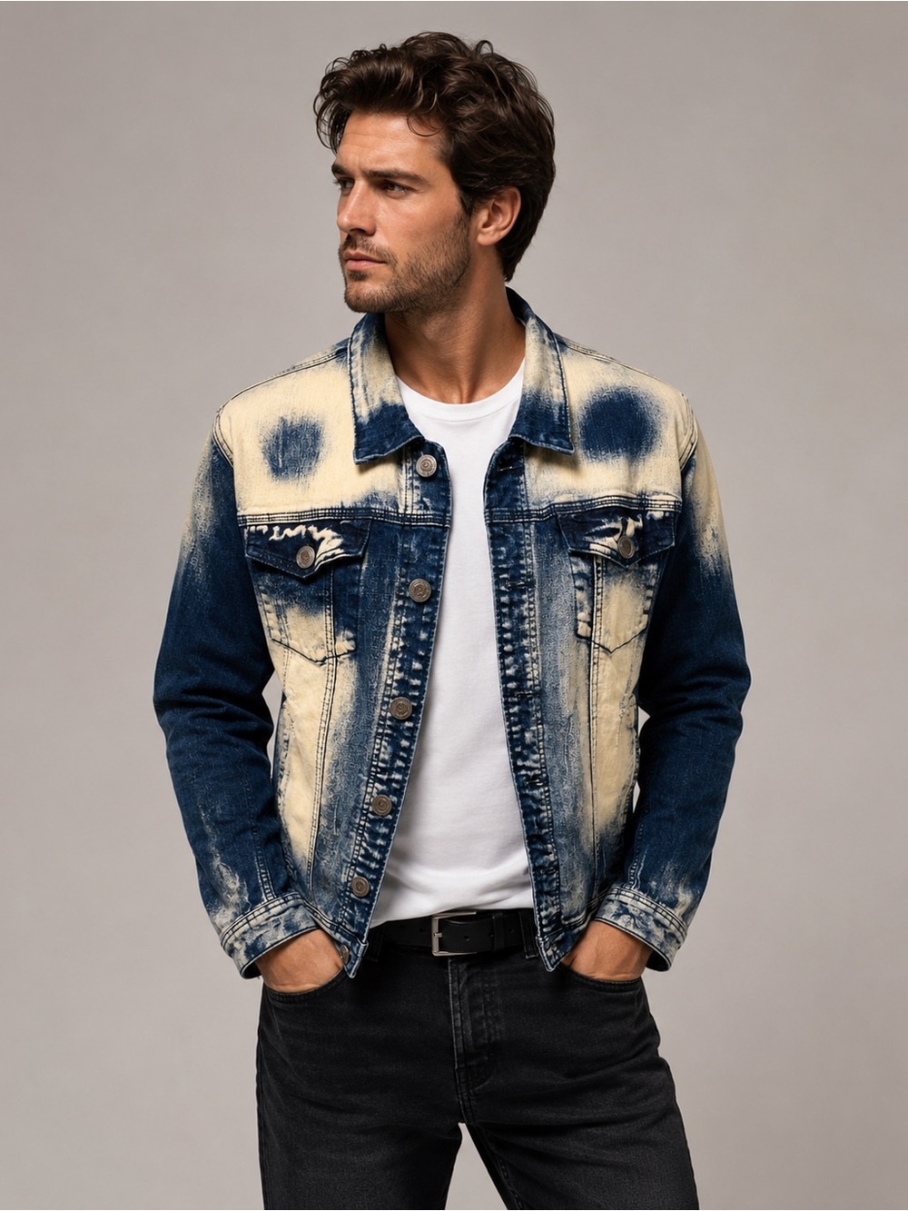 Copper Rivet Vintage Washed Distressed Denim Jacket Bleach Wash Size S